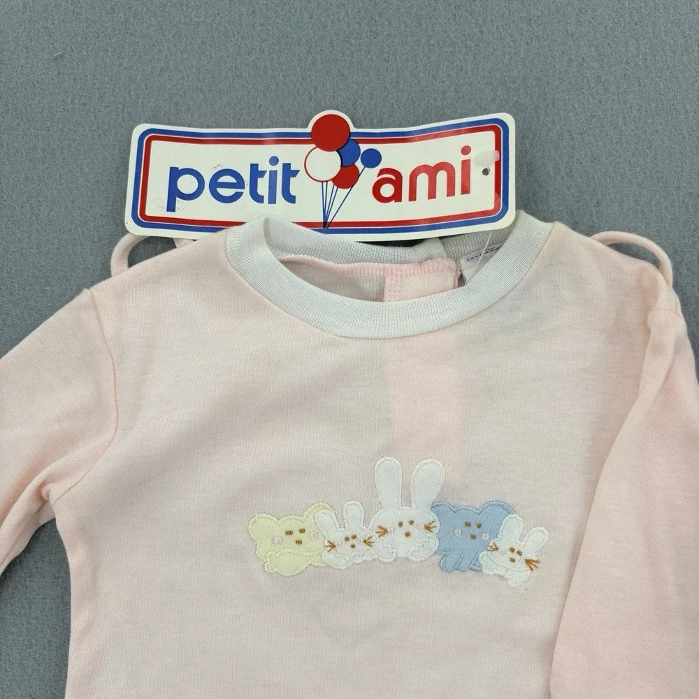 NWT Vintage Petit Ami Baby Girl Outfit 6M Pink‎ Bunny Footed Suspender Set